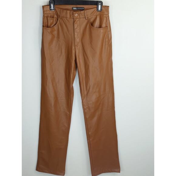 Zara Dark Camel‎ Mom Fit Pants Women's Medium Brown Faux Leather High Waist - Picture 3 of 13